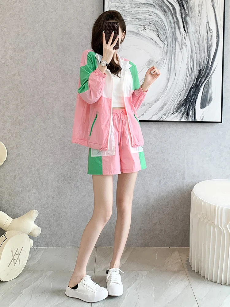 

Casual Sportswear Set Women's Summer Fashion Loose Pink Open Cardigan Short Sleeve Shorts Sun Protection Two-Piece Trendy Outfit