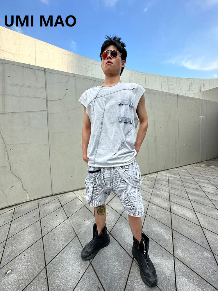 UMI MAO Waste Soil Sand Dune DEMO Two Sides Wear Ink Wash Asymmetric Vertical Cut Loose Sleeveless Pure Cotton T-shirt For Men