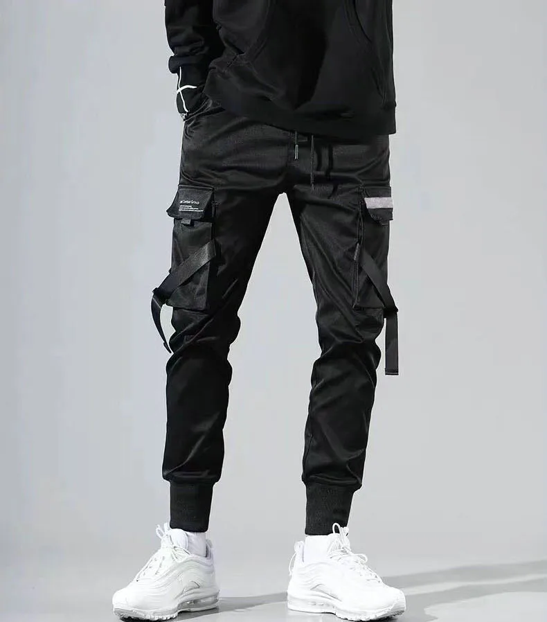 Pantalon Cargo en Coton avec Rubans pour Homme, Streetwear Décontracté, Harajuku, Mode Slim Fit, Jogging Noir, Printemps 2023