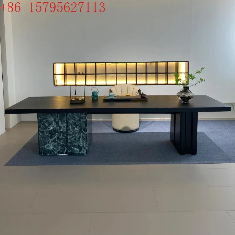 

02Italian minimalist designer villa table simple creative art solid wood black and white flower tea dining table