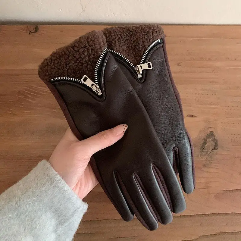بو الجلود قفازات الشتاء الدافئة لامب الصوف قفازات شاشة لمس للنساء في الهواء الطلق ركوب يندبروف قفازات مقاومة للبرد #4
