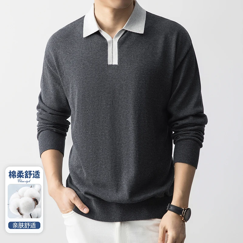 

Мужские вязаные топы из 100% хлопка, весенний джемпер с лоскутным воротником, длинный рукав, трикотаж из чистого хлопка, дышащие вязаные топы