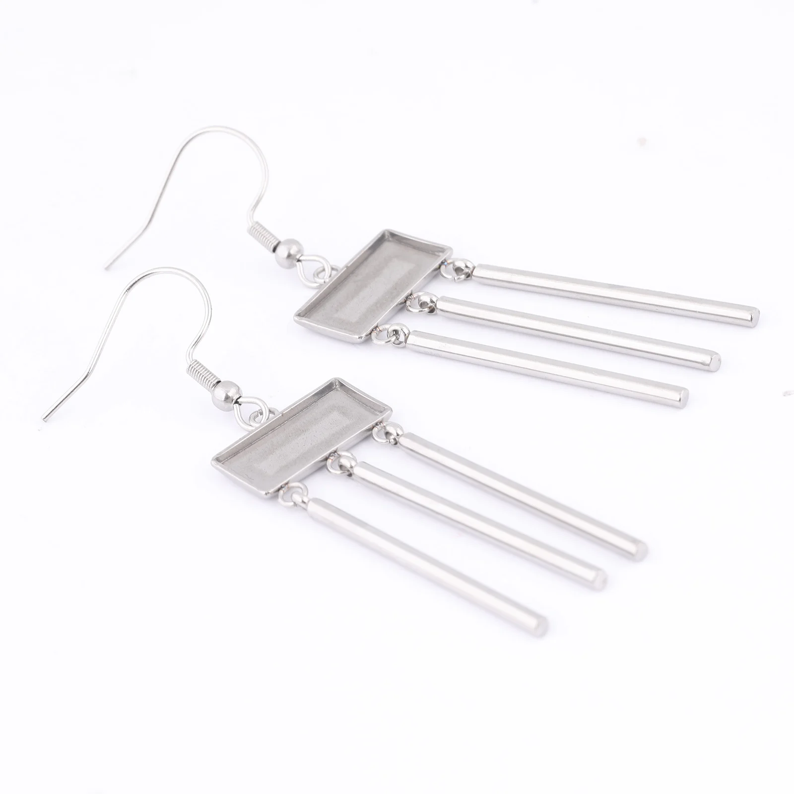 6pcs Stainless Steel Fit 7x14.5mm Rectangle Cabochon Earring Base Setting Blanks With Drop Charms Diy Hooks Findings view 3