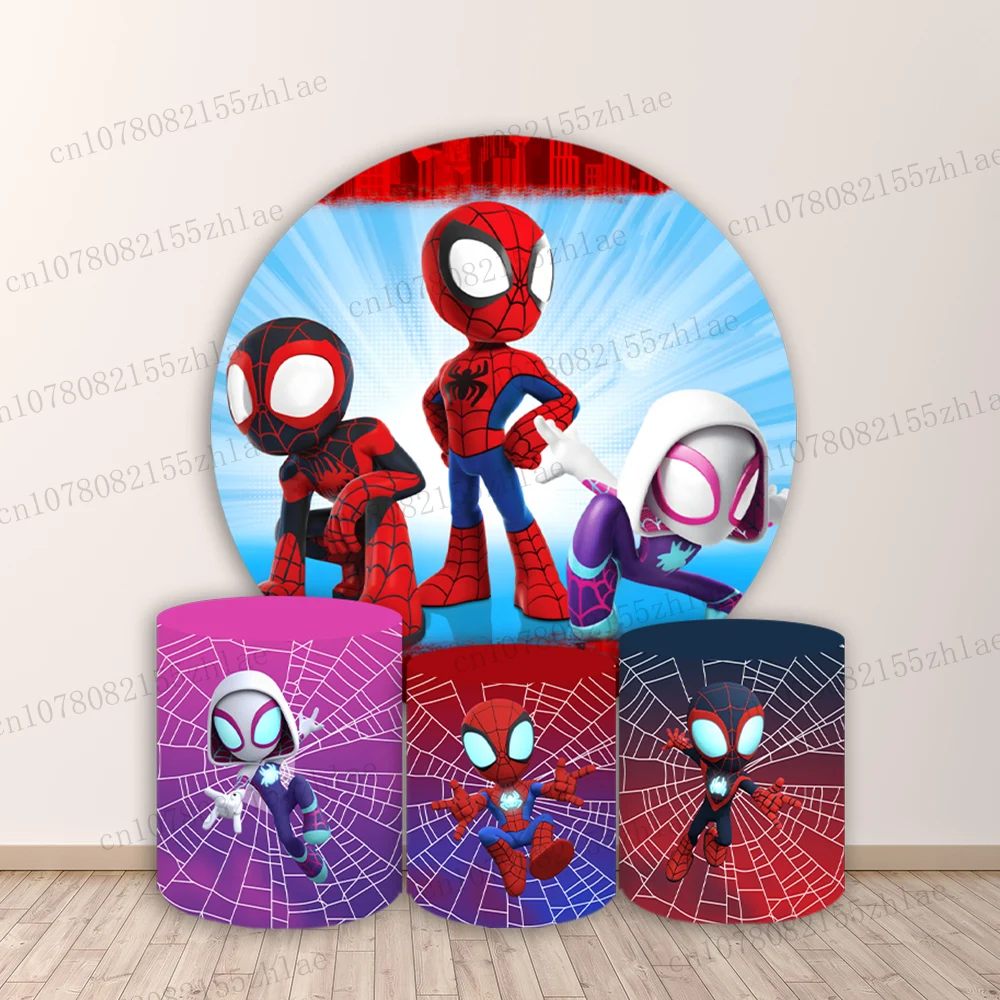 

Marvel series Spider Man Birthday Party Photo Backdrop Baby Shower Photography Backdrop Round&Cylinders Plinth Covers Decoration