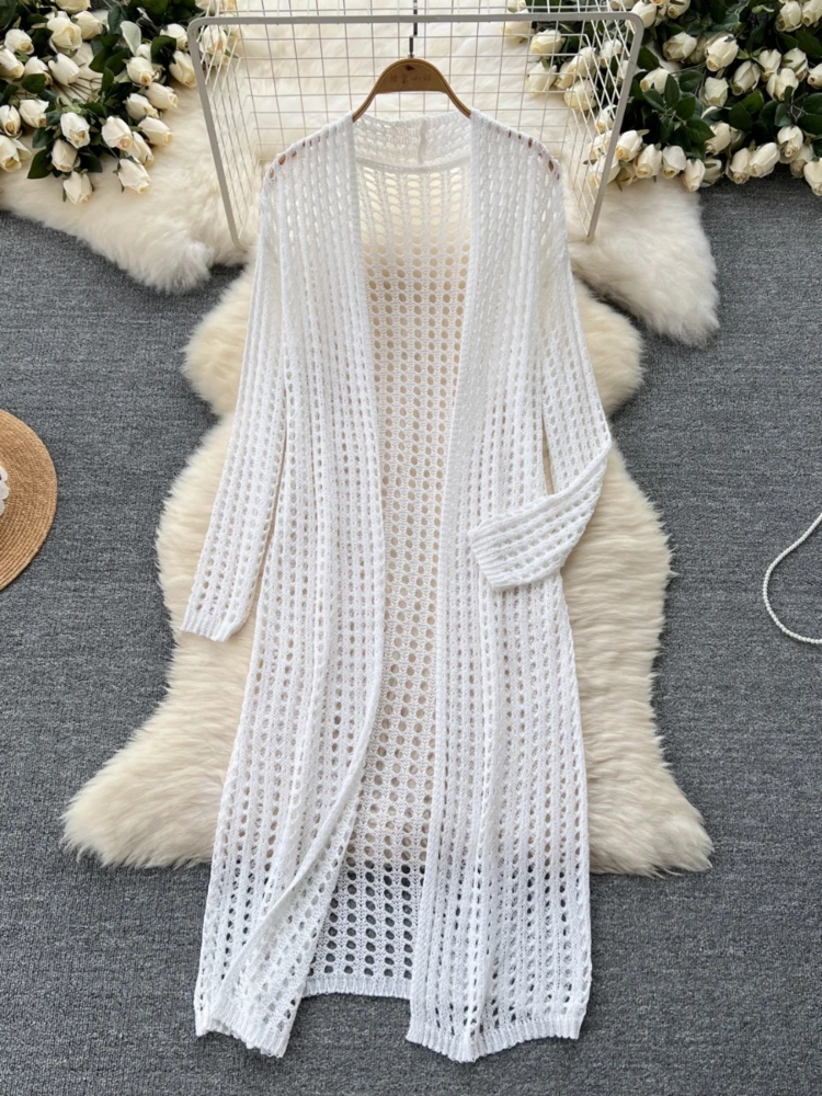 Korean Lazy Style Mid Length Shawl Jacket Women Hollowed Out Knitted Cardigan Paired with Loose Top for Summer Wear