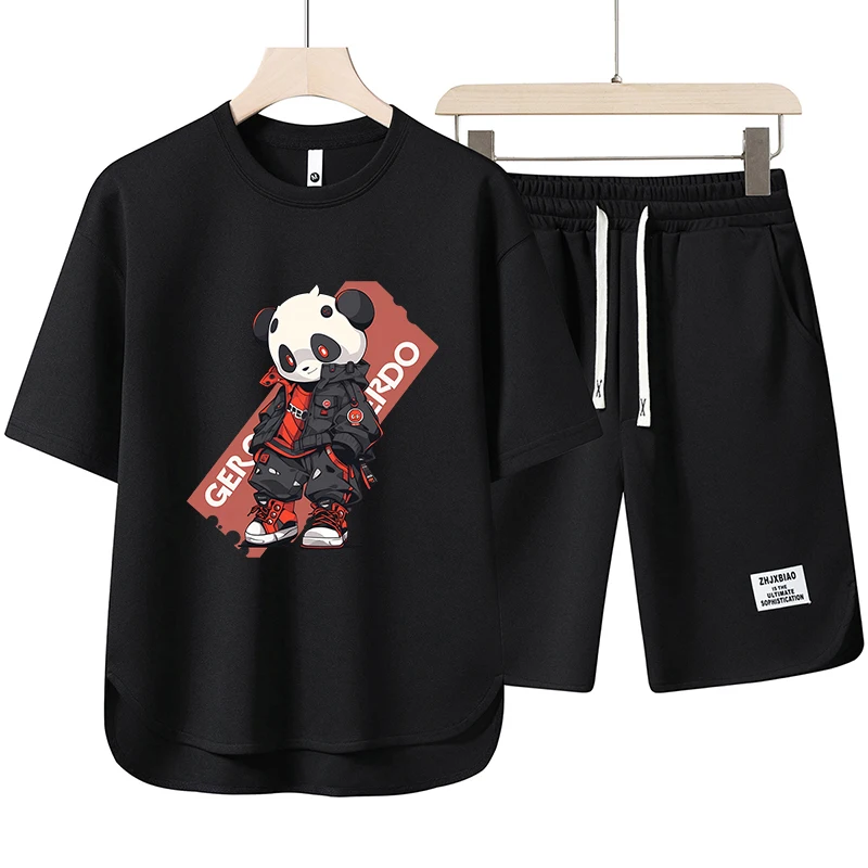 Short Summer Men Suit  Cartoon Panda Printed T-shirts Shorts 2 Piece Set Breathable Waffle Top Fashionable Men's Clothing 2024