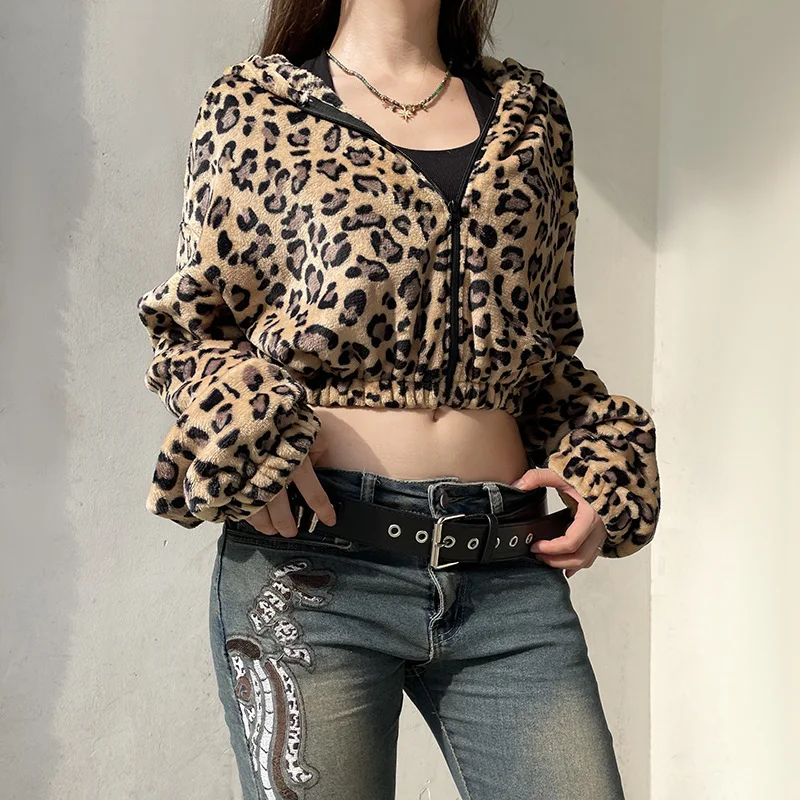 Leopard Print Fleece Long Sleeved Hooded Zipper Jacket Women's ultra Short Casual Warm Jacket Cardigan Female Tops Coat