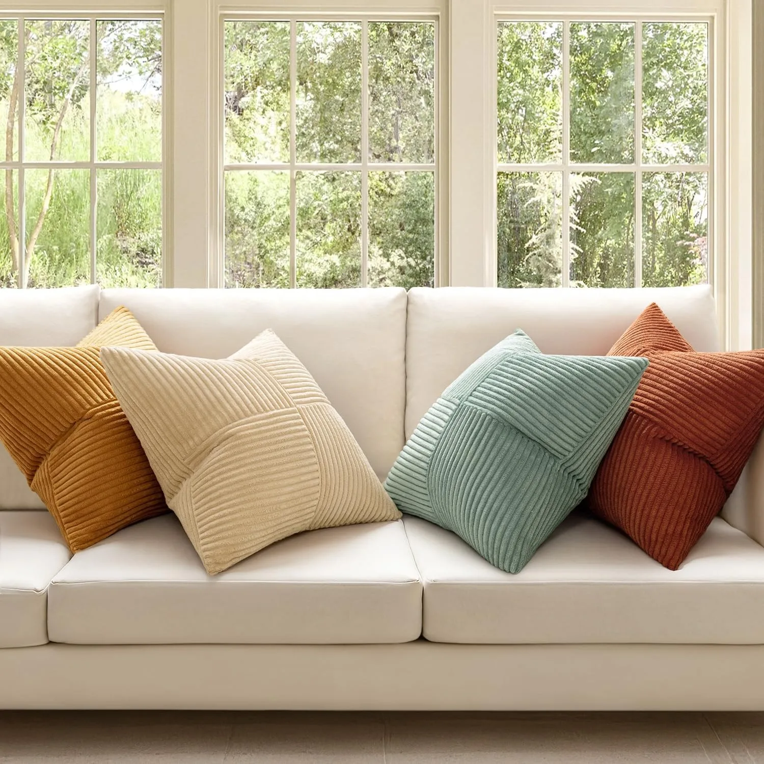 Teal Orange Decorative Throw Pillow Covers 18x18Inch Boho Corduroy Striped Cushion Cases Modern Farmhouse Patchwork Pillow Cases