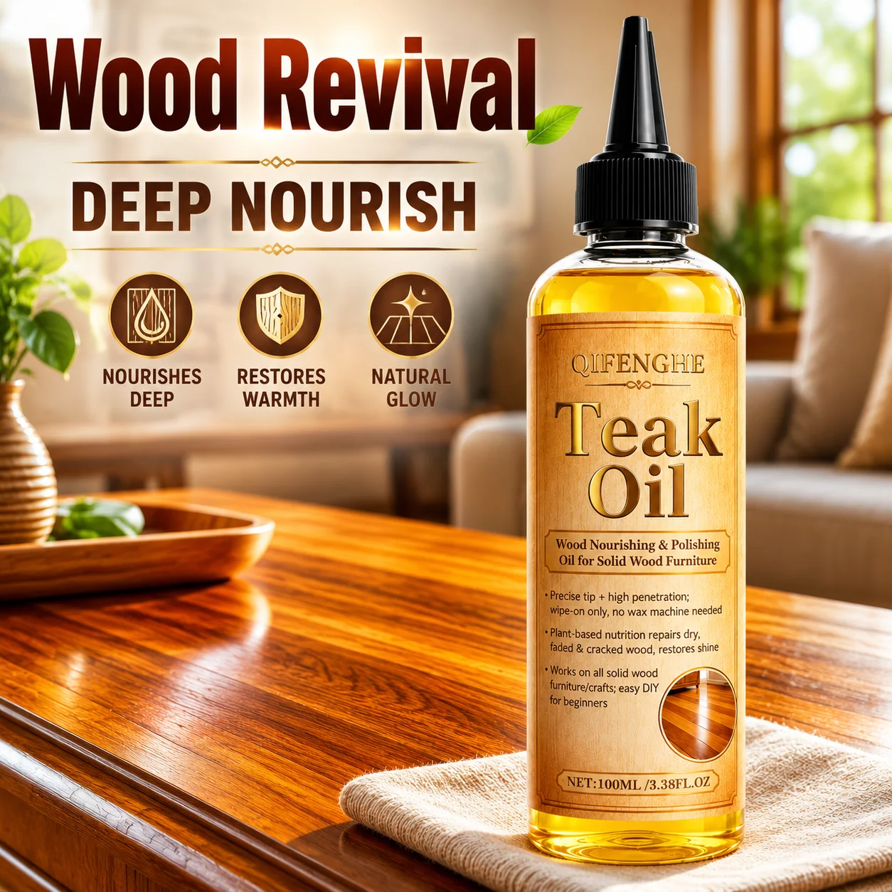 Teak Oil for Wood Furniture, Nourishing & Polishing Oil for All Solid Wood Surfaces