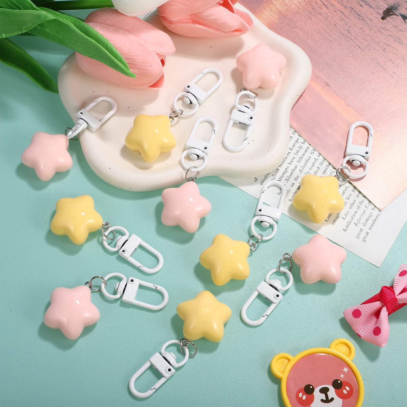 

10Pcs Star Keychains Cute Resin Key Charms for Women Kawaii Hanging Pendants Backpack Purse Bag Decor Snap Keyring Party Favors