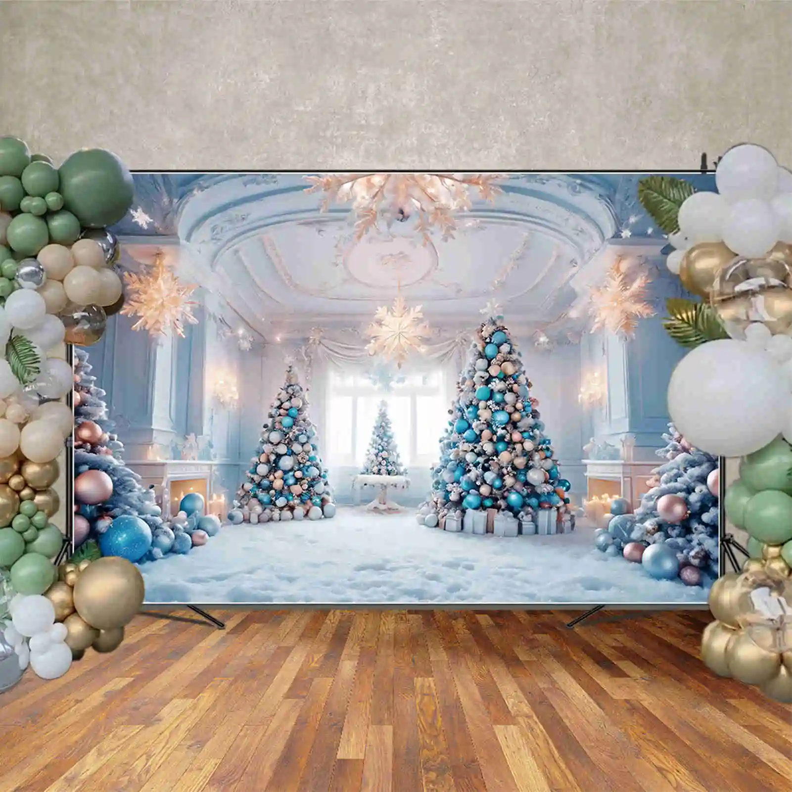 MOON.QG Lighting Christmas Trees Backdrops White Blue Girls Home Room Snowflake Ball Background Party Decoration Photozone Props