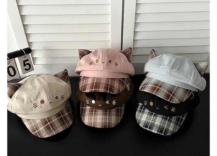 Niedliche Katzenohren Newsboy-Mütze für Damen, Alltags-Casual Baker Boy Cap, Street Snap, Kawaii Katzen-Gesichts-Stickerei, süße Mädchen-Karo-Krempe, Reisemütze – Detail 5