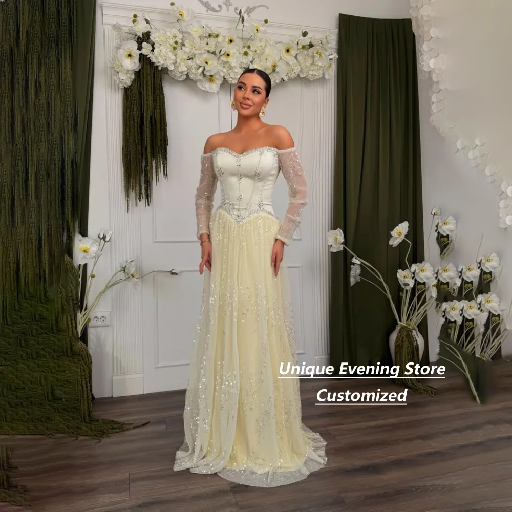 Customized Yellow Off Shoulder Long Sleeve Sequin Mother of the Bride Dresses Tulle A Line Evening Gown Wedding Guest Dress