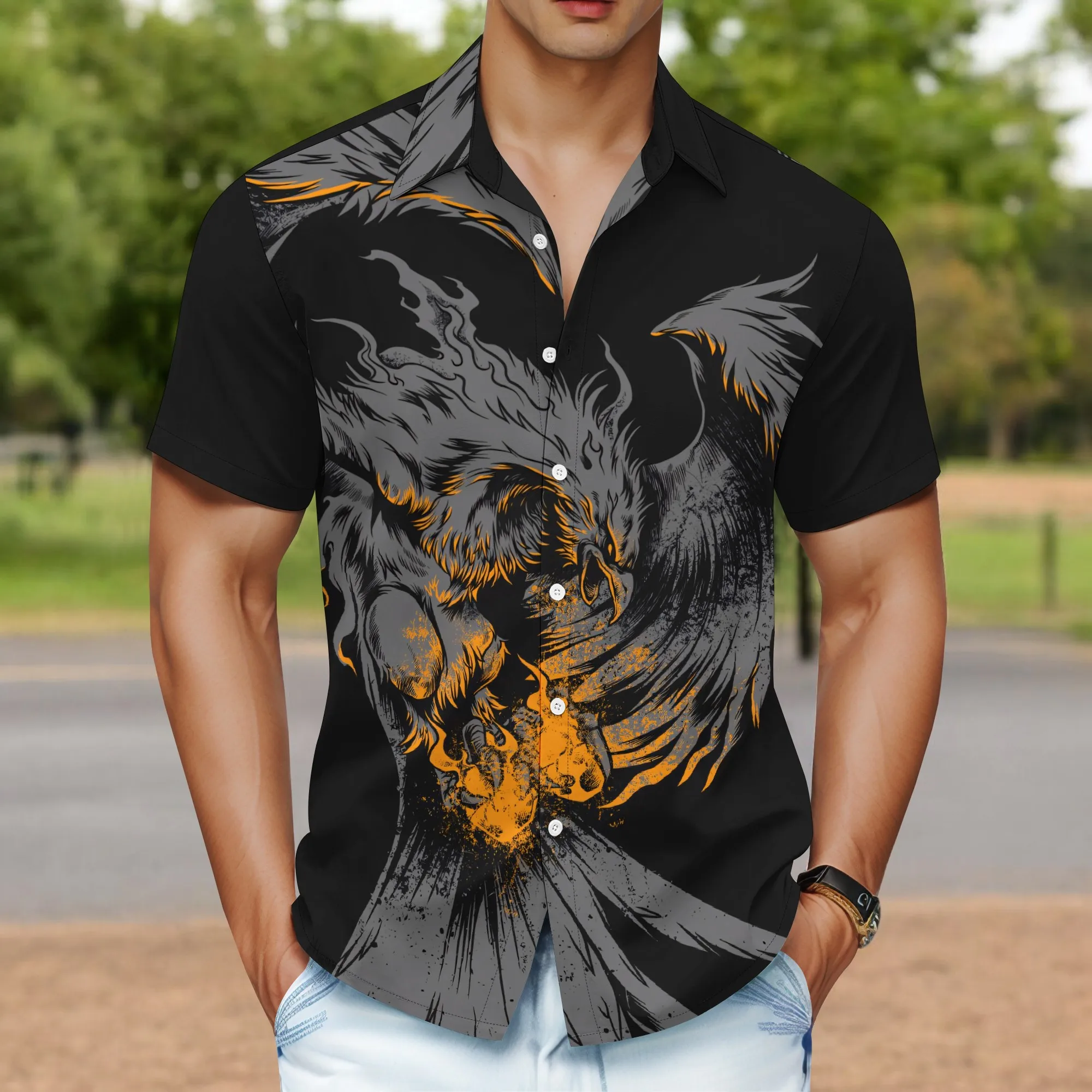 

YEAE Men's Green Leaf Printed Shirt 100% Cotton Short Sleeve Casual Beach Fall Modern Style