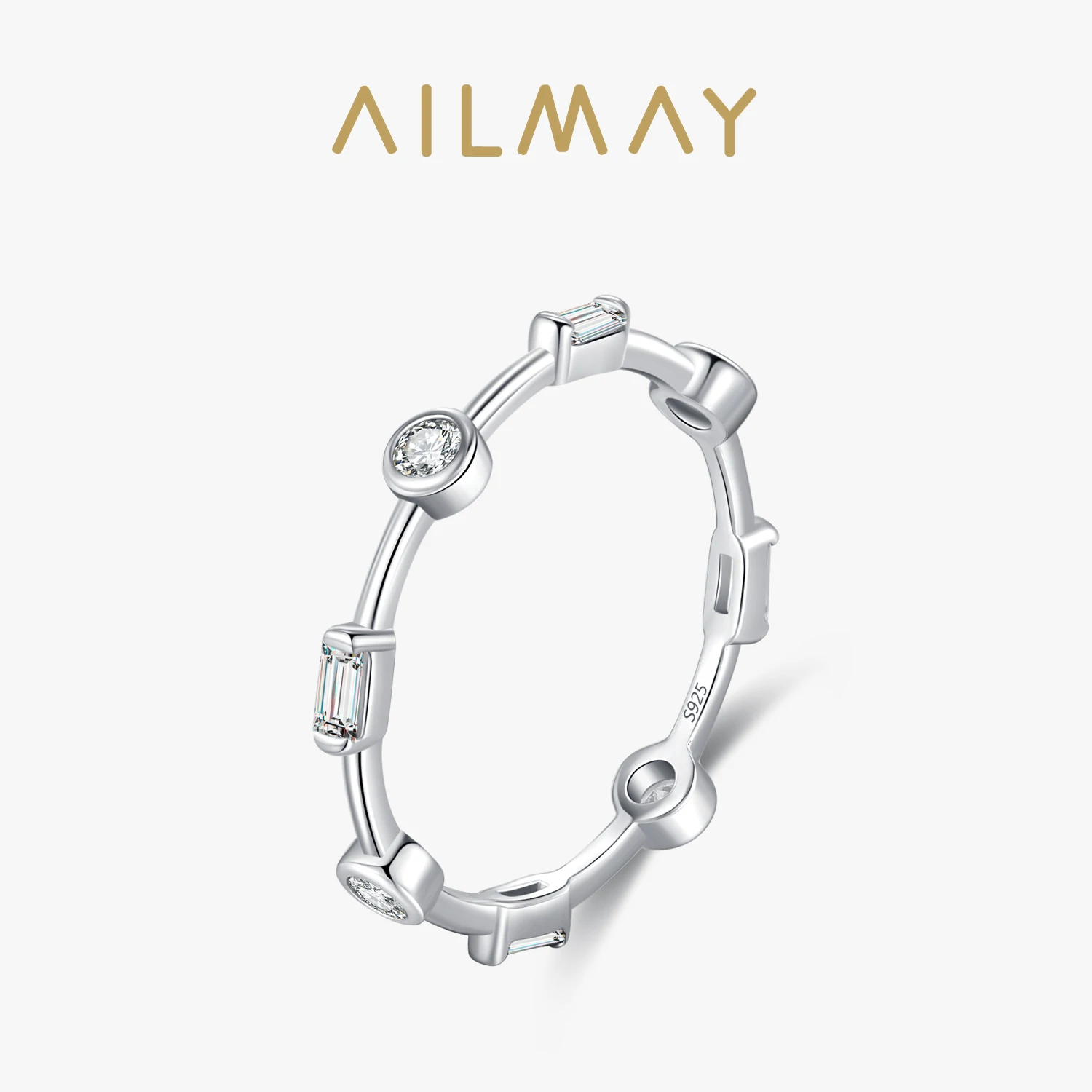 

Ailmay 925 Sterling Silver Fashion Geometric Design Clear Zircon Finger Ring For Women Girls Party Stackable Accessories Jewelry