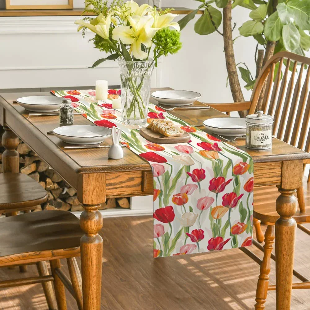 Floral Table Runner with Plants Tulip Pattern Table Runner - Perfect for Mother's Day - Indoor/Outdoor Home Party Decoration