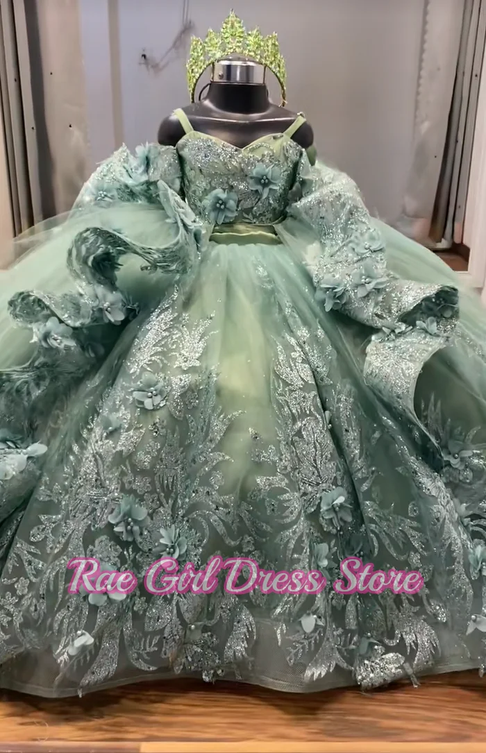 Spaghetti Strap 3D Floral Sequin Glitter Tulle Puffy Flower Girl Dress For Wedding Birthday A-Line Floor Length With Train