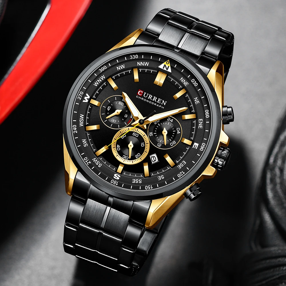 CURREN Big Dial Men Quartz New Luxury Mens Wrist Watches 316 Solid Stainless Steel Band with Chronograph Casual Men Sport Watch