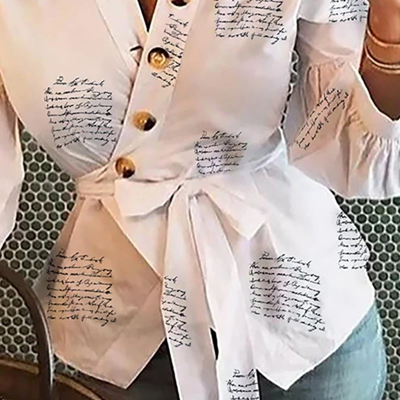 Fashion V-Neck Tops Women Bandage Letter Print Stylish Simple Tops Fall 2021 Long Sleeve Streetwear Outfit Female Casual Clothes