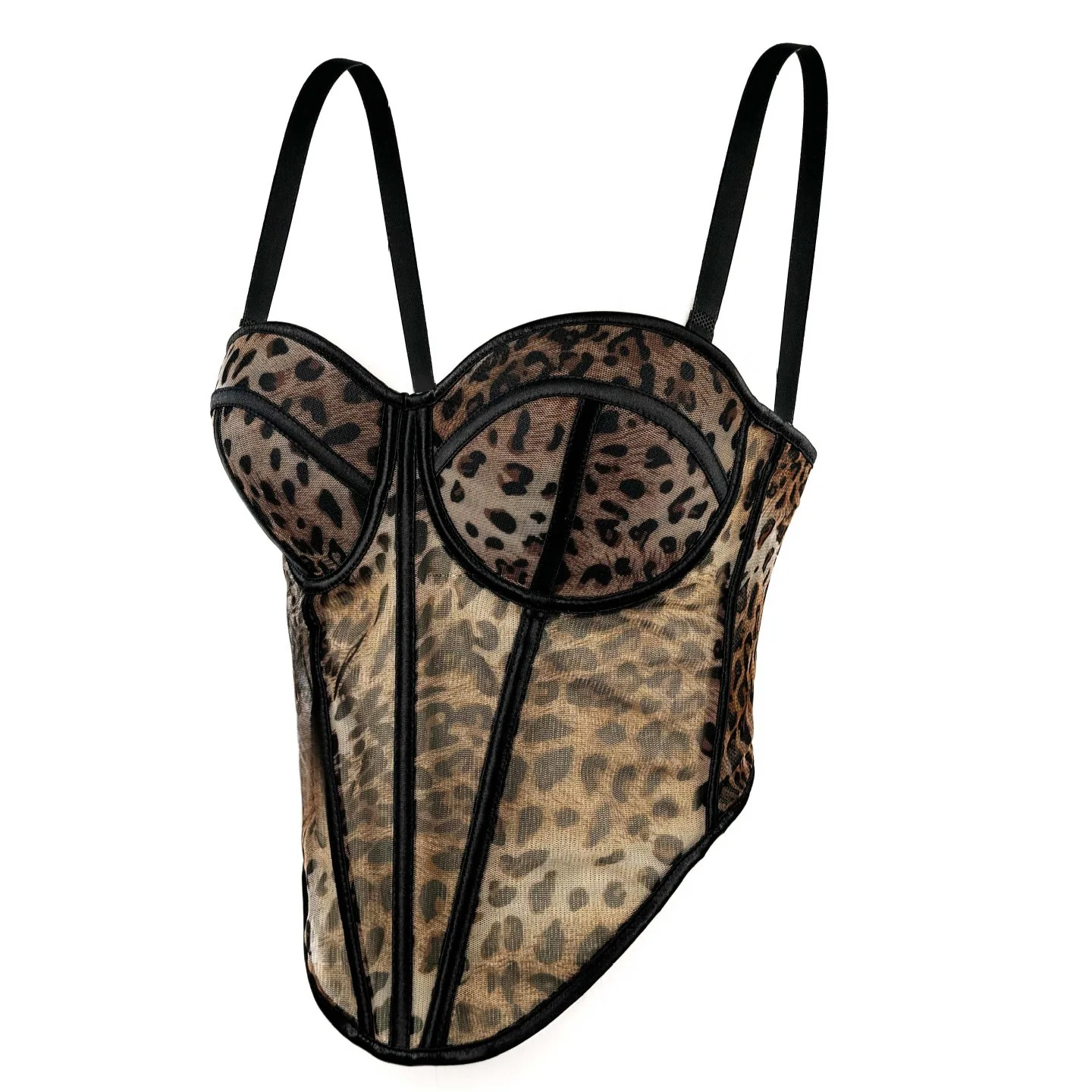 Women's Leopard Print Shapewear Splicing Camisole Top Mesh Lace Fishbone Bustier for Inner and Outerwear Corset Top Lingerie