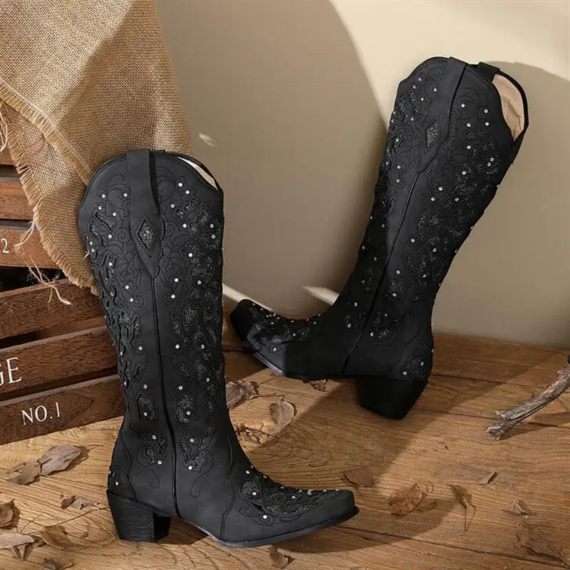 IPPEUM White Cowgirl Boots Knee High Chunky Heel Shoes Rhinestone Wedding Botas Femininas Country Cowboy Boots For Women