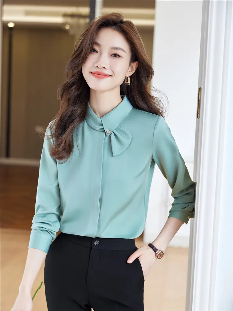 Green Shirts & Blouses for Women Vintage Clothes Long Sleeve Elegant Office Ladies Tops Work Wear New Fashion Spring Autumn