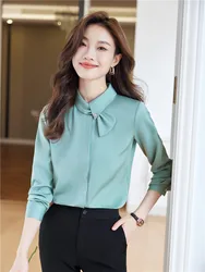 Green Shirts & Blouses for Women Vintage Clothes Long Sleeve Elegant Office Ladies Tops Work Wear New Fashion Spring  Autumn