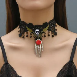 KMVEXO Gothic Black Beaded Flower Palm Sexy Lace Skeleton Choker Necklace Vintage Tassel Chain Women Steampunk Halloween Jewelry