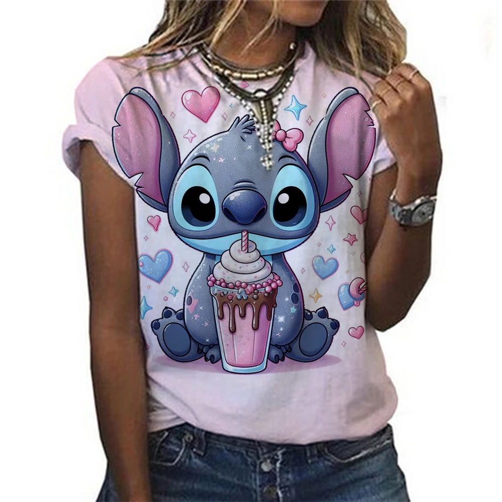 Kawaii Lilo Stitch Print T-shirts Tops for Women Lady Summer Children T-shirts Casual O-neck Ohana Stitch Disney T-shirts