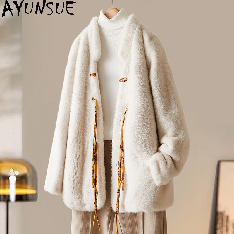 AYUNSUE Naturalne płaszcze z futra norek dla kobiet, beżowe płaszcze zimowe damskie 2025, średniej długości, w stylu koreańskim, odzież damska, pelzmantel damen