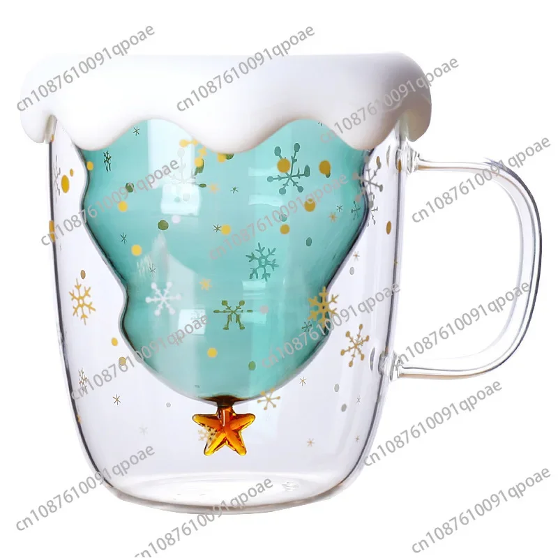 300ML Christmas Tree Mug Heat-Resistant Double Wall Glass Cup With Lid Snow Mountain Coffee Milk Mug Drinking Cup Xmas Gift