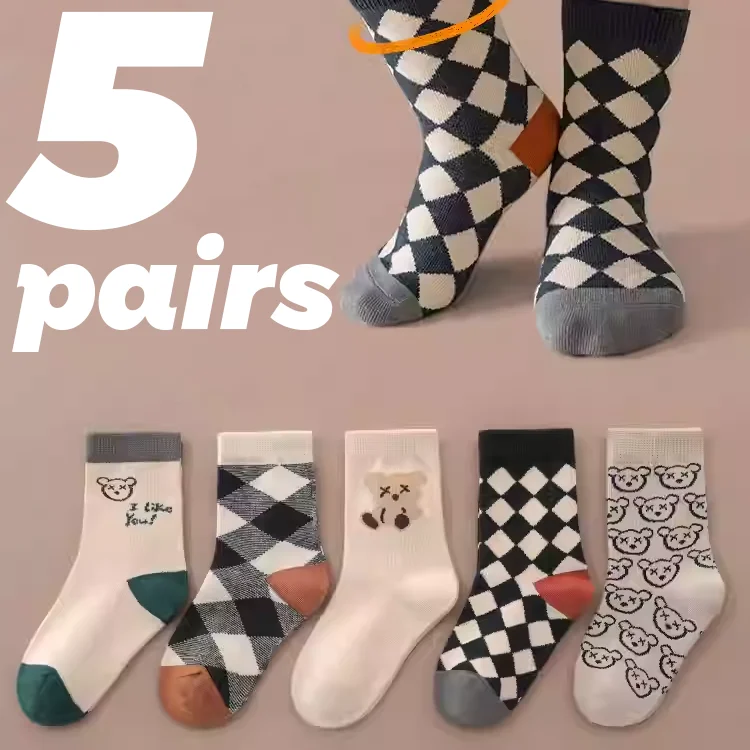 5 Pairs Kids Mid‑Calf Socks Cute Bear Plaid Checkered Fashion Socks For 2‑12Y Boys Girls