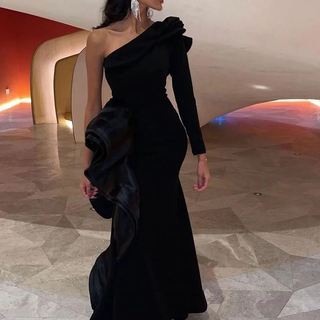 Black Evening Dresses A-Line Floor-Length One Shoulder Prom Dresses Sleeveless Zipper Up Formal Request Party Wedding Dress 2024