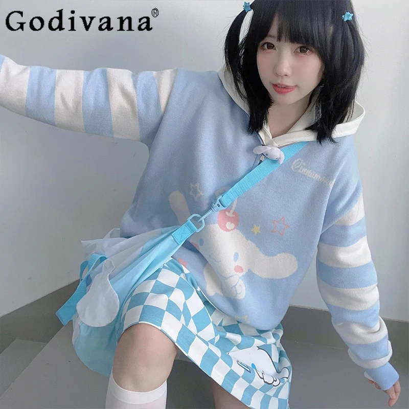 Japanese Girly Sweet Y2k Cartoon Jacquard Lolita Sweater Autumn Fashion JK Loose Slim Student Kawaii Coat Women Elegant Sweater