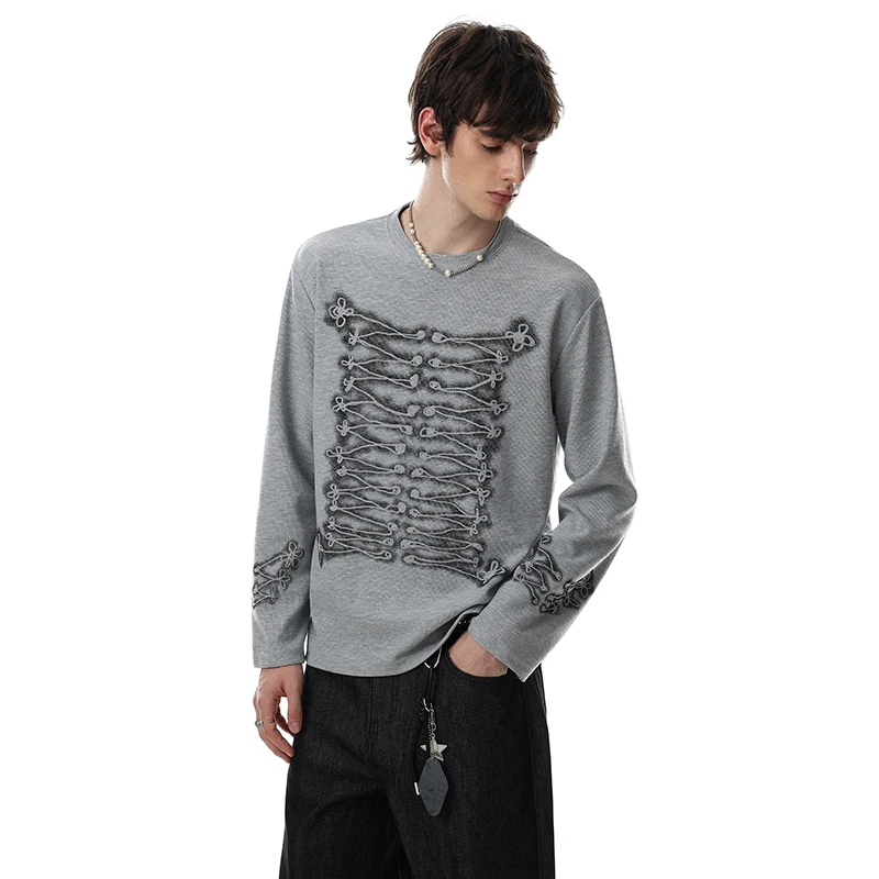 LUZHEN 2026 New Trendy Original Tie-dyed Line Long Sleeve T-shirts Men's High Quality Round Neck Elegant Casual Clothes JY8904