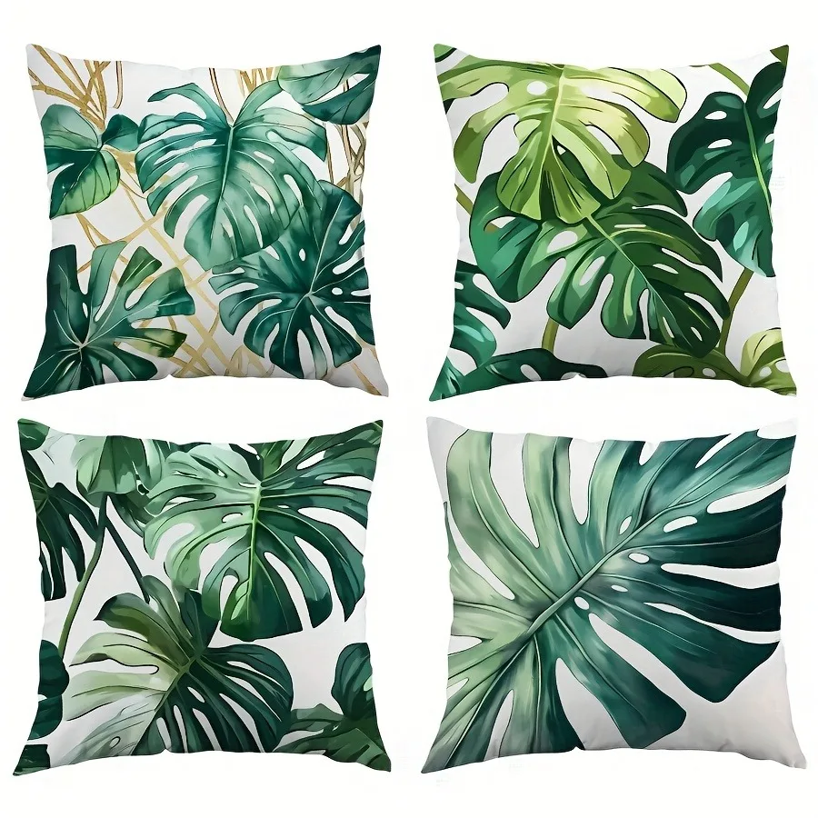 Funda de almohada con estampado de hojas de Monstera, funda de cojín para sofá y dormitorio, impresión de un solo lado, sin
