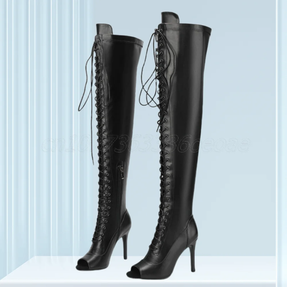 

Cross Tied Pee Toe Boots Thin High Heels Thigh High Shoes for Women Matte Leather Fashion Fashion Shoes 2025 Zapatos Para Mujere