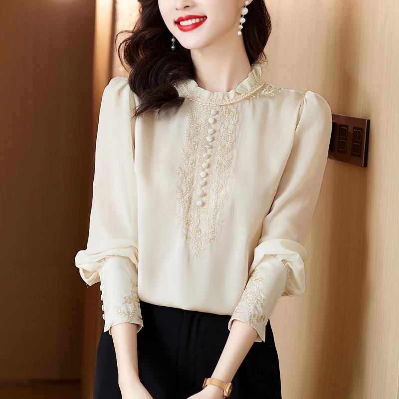 بلوزات نسائية غير رسمية قمصان مطرزة موضة فضفاضة للربيع/الصيف برقبة دائرية ملابس من الساتان بأكمام طويلة قطع علوية نسائية كورية #3