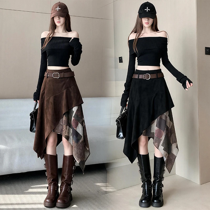 High Waist Patchwork Suede Skirt Irregular Splicing Vintage Fabric Floral Half-length Skirt European Style Ladies' Premium Fa...