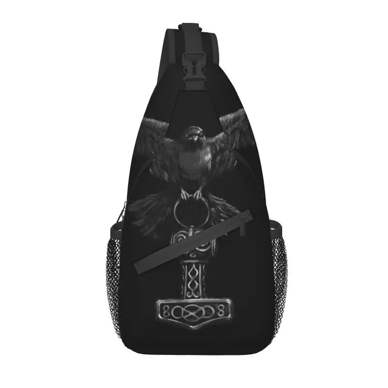 Vikings Odin Raven With Thor Mjolnir Hammer Sling Bags for Men Norse Odin God Shoulder Chest Crossbody Backpack Camping Daypack