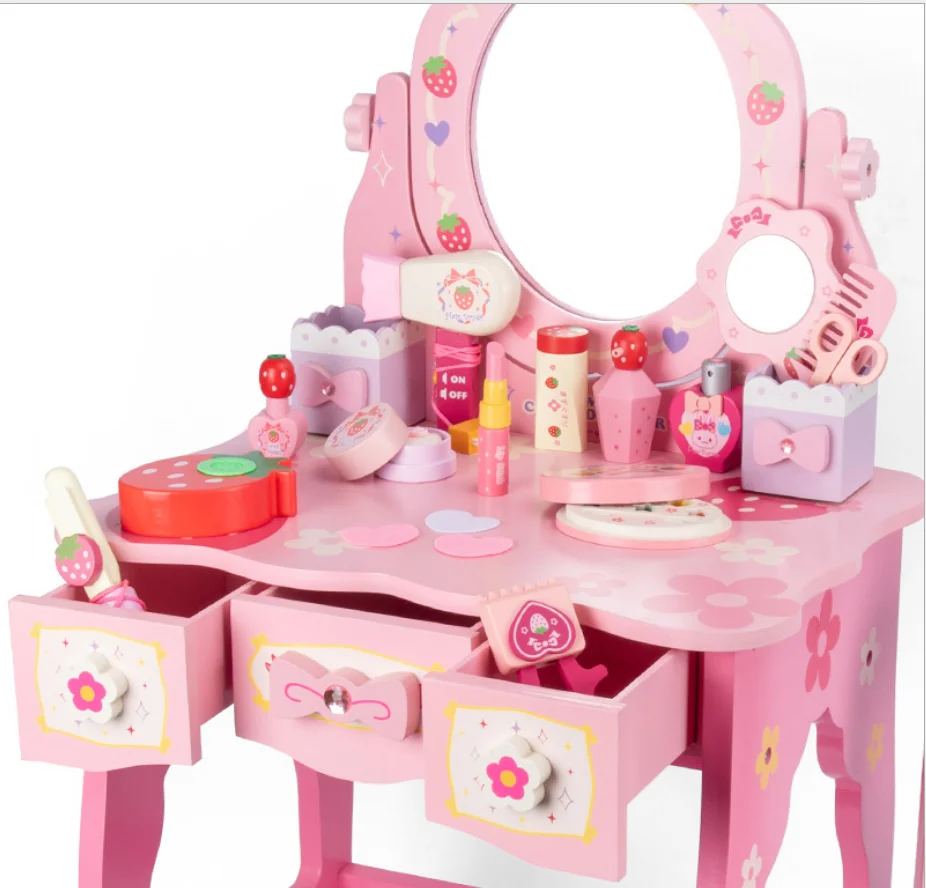 Girl Wooden Kids Tabletop Mirror Dressing Table Stool Make Up Desk Chair Toys Lovely