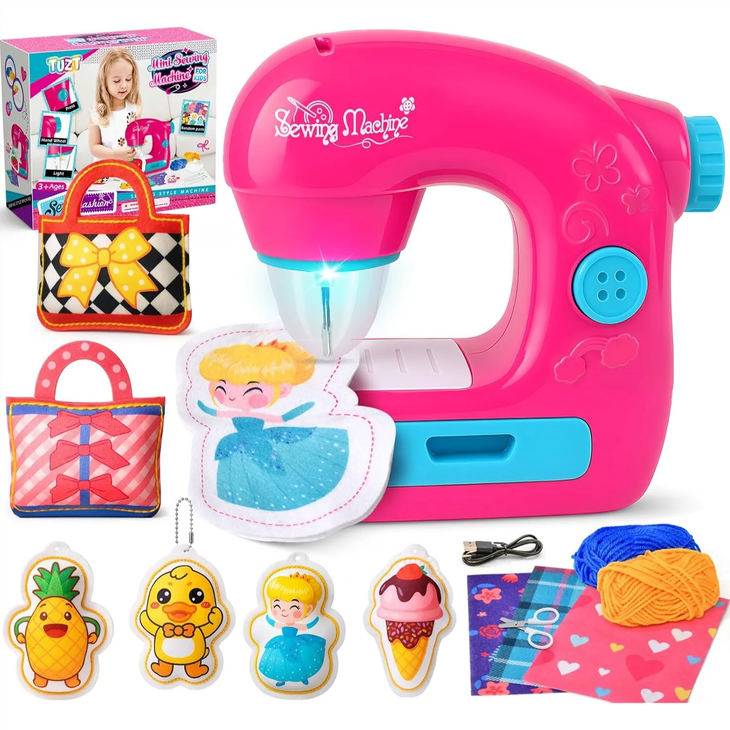 

Mini Sewing Machine Toy Kit for Kids Beginners, 22pcs Portable Electric Sewing Machine with Light and Finger Guard, DIY Crafts