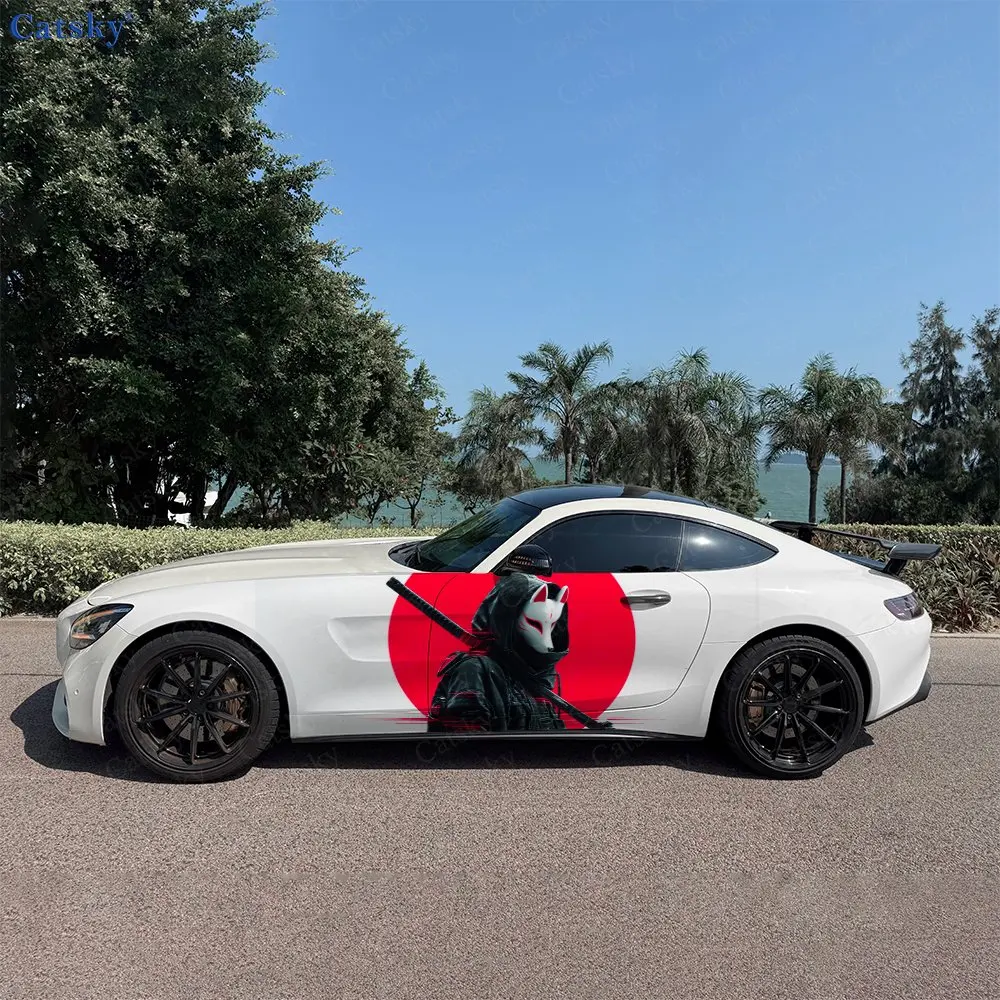 2pcs Cyber Style Fox Mask Ronin Car Side Wraps, Self-Adhesive PVC Waterproof & Scratch-Resistant Stickers, Car Accessory Gift