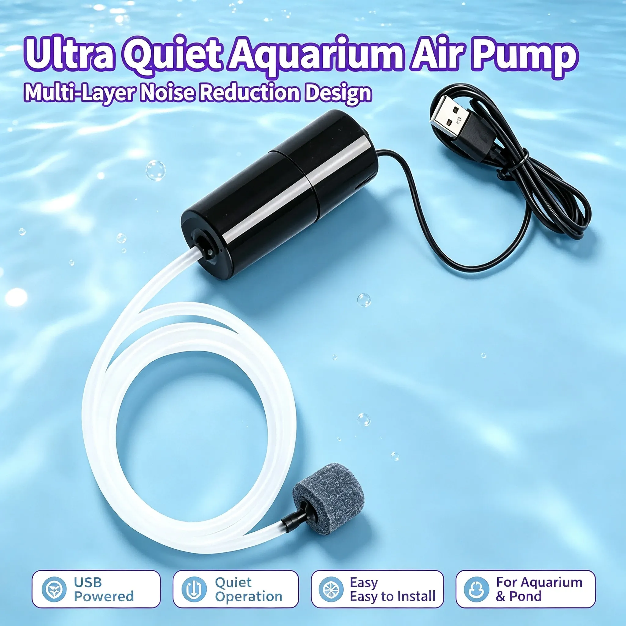 USB Portable Oxygen Pump, Ultra Quiet Aquarium Air Aerator, Small Fish Tank Oxygenator for Fishing & Aquaculture
