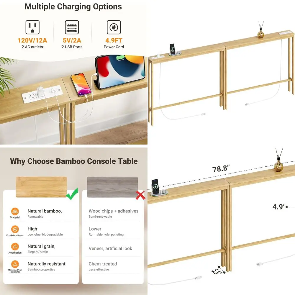 

2-Piece 5.9 Bamboo Console Sofa Table Set with Power Outlets, Behind Couch Charging Station, Natural