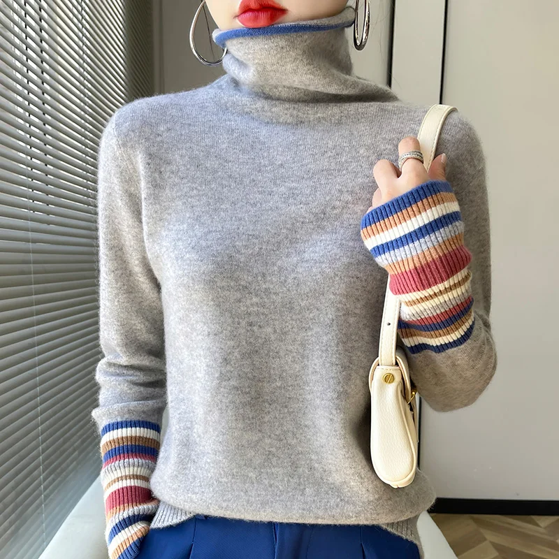 100% Merino Cashmere Sweater Women's Collar Pullover 22Autumn and Winter New Knitted Bottoming Shirt Fashion Color-blocking Tops