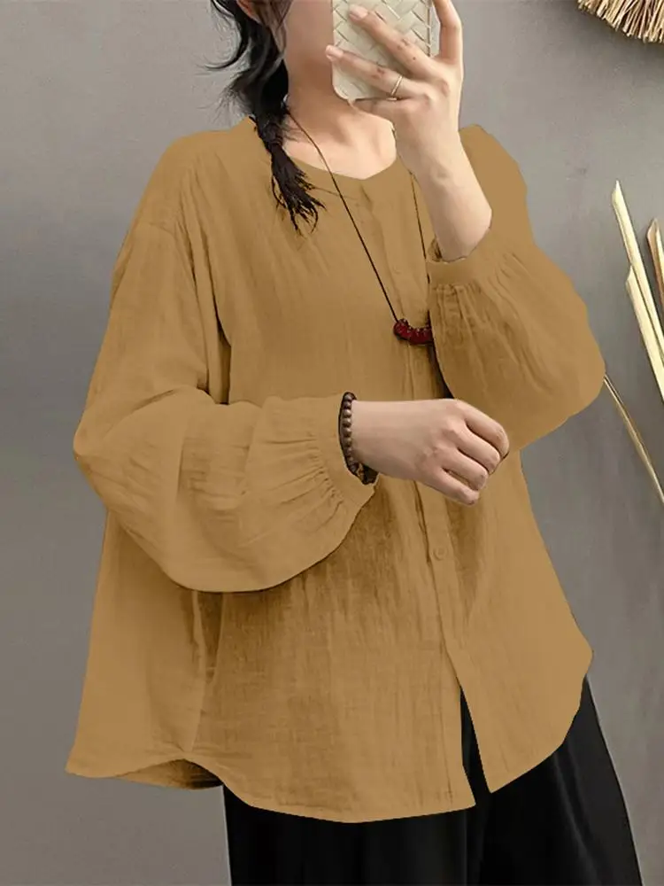 ZANZEA Women Cotton Top 2024 Summer Solid Long Sleeve Blouse Casual Loose Round Neck Shirt Elegant Korean Female Blusas Oversize