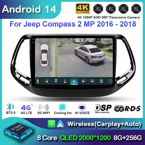 Autoradio Android 14, Navigation GPS, Carplay, Écran, Stéréo, 2 MP, Limitation, pour Voiture Jeep Compass (2016, 2017, 2018, 2019)
