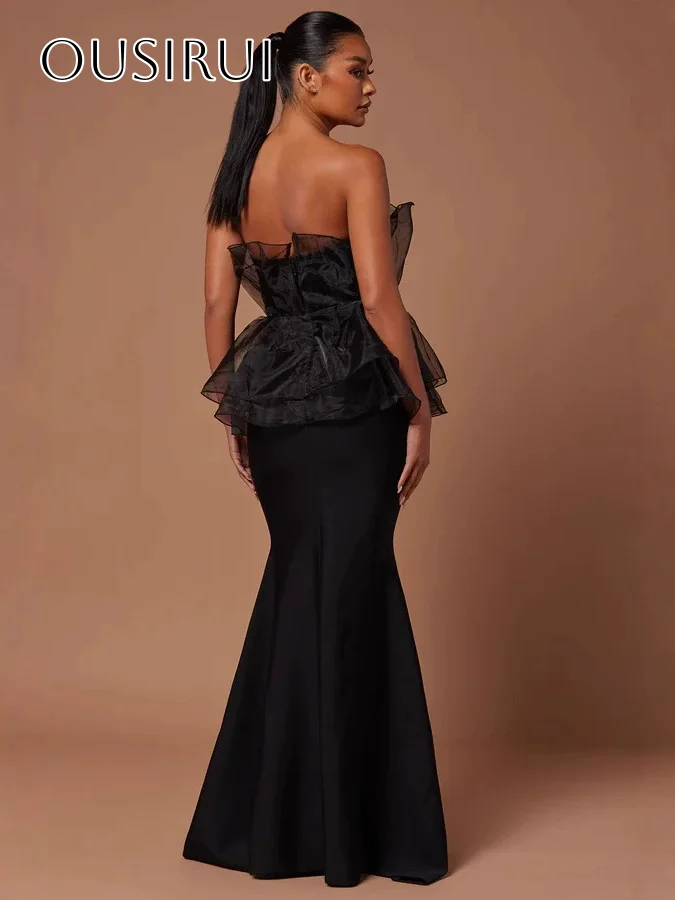 Vestido de noite sereia de organza sem alças, cetim, sem mangas, até o chão, franzido, personalizado