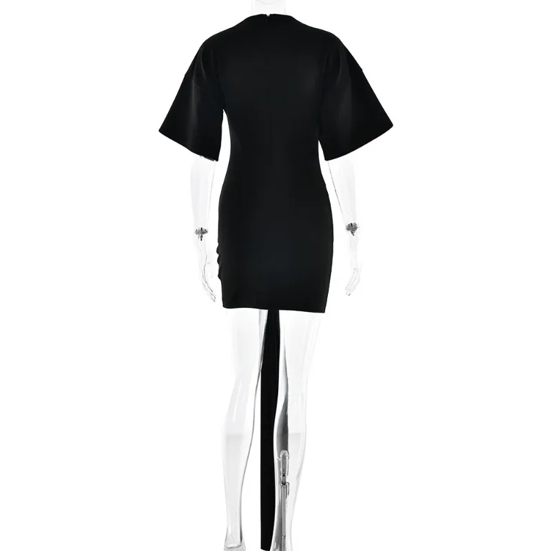 Metal Buckle Ruched Ribbon Women Sexy Mini Dress Solid O Neck Short Sleeve Bodycon Club Party Dresses Casual Streetwear Outfits